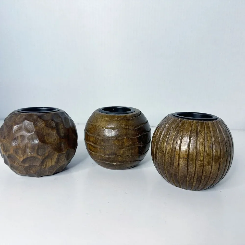 Set‎ of 3 JAVA Wooden Ball Tealight Candle Holders, Northern Lights Candles